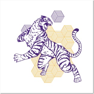 Retro Purple & Gold Tiger on the Attack // Vintage Geometric Shapes Background Posters and Art